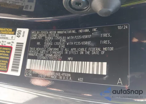 2025 Toyota Sienna Xle z USA, uszkodzony, nr VIN 5TDYRKEC1SS225177